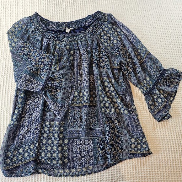 WESTPORT boho Blouse Blue Peasant top 3/4 Bell Sleeves Plus size 3X - Picture 1 of 15